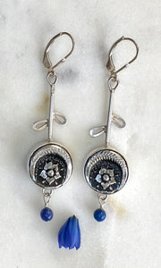 Antique Button Flower Earrings with Lapis