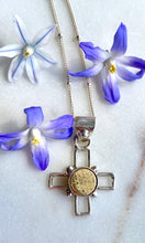 Load image into Gallery viewer, Mini Brass Antique Baby Button Cross 16" Chain