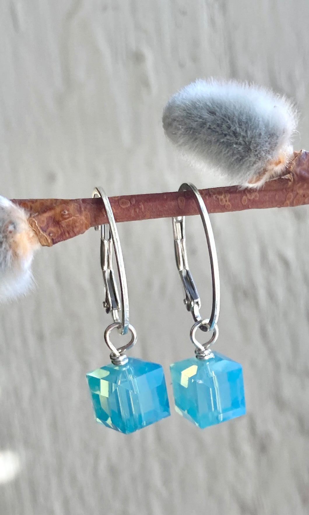 Robins Egg Blue Crystal Cube Earrings