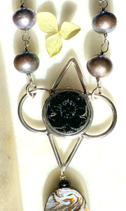 Black Antique Button, Shell and Pearl Necklace