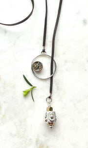 Leather Wrap Antique Button Necklace