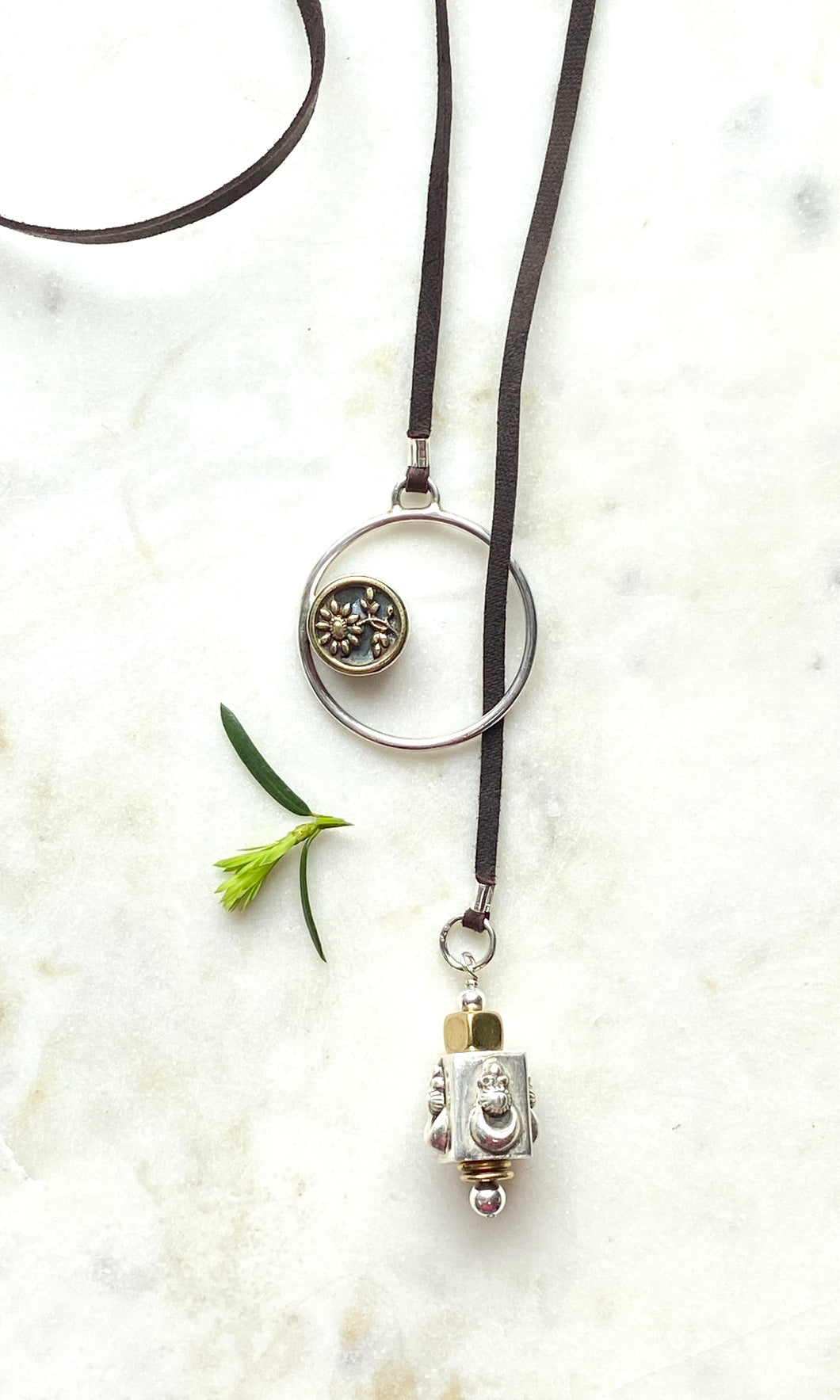 Leather Wrap Antique Button Necklace