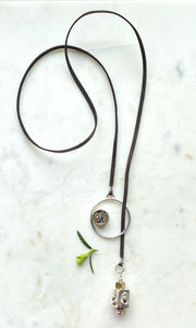 Leather Wrap Antique Button Necklace