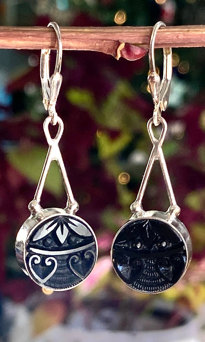 Black Glass with hearts  Antique Button Earrings