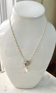 Tri Petal Pearl and Gold Necklace