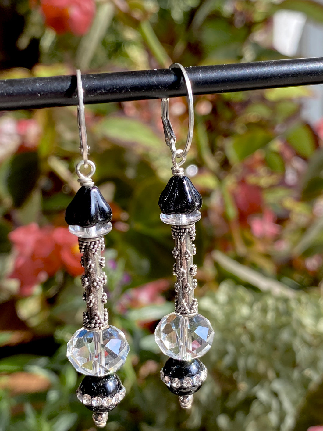 Long Crystal and Black Earrings