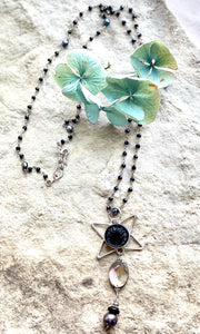 SALE/Antique button Necklace with shell and pearl
