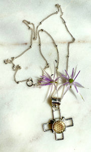 Mini Brass Antique Baby Button Cross 18" Chain